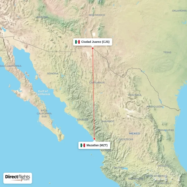Ciudad Juarez - Mazatlan direct flight map