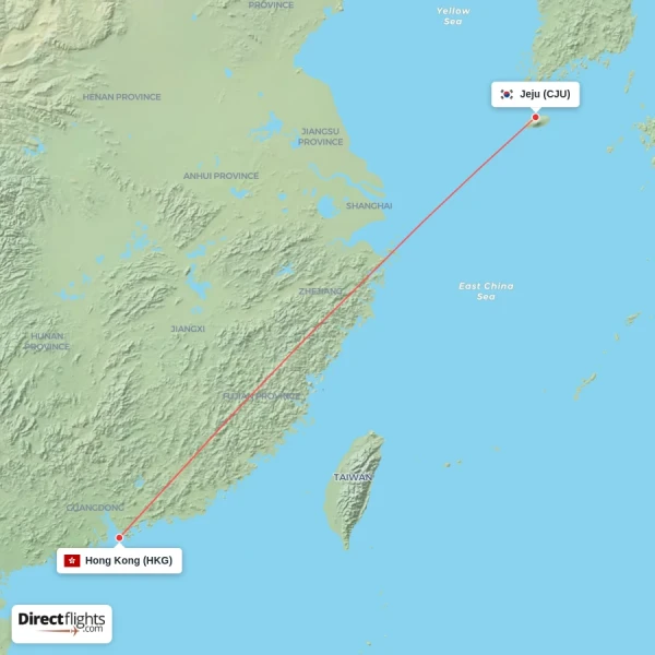Jeju - Hong Kong direct flight map
