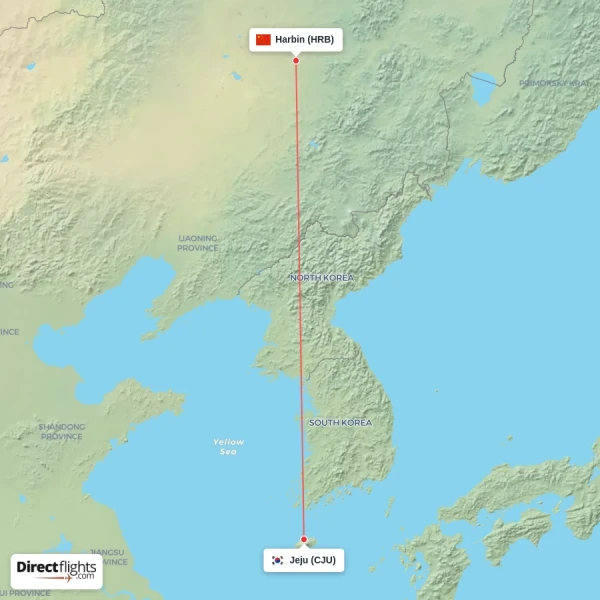 Jeju - Harbin direct flight map