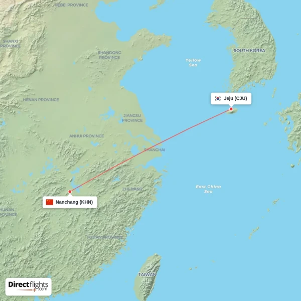 Jeju - Nanchang direct flight map