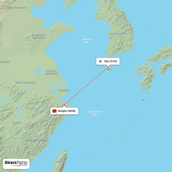 Jeju - Ningbo direct flight map