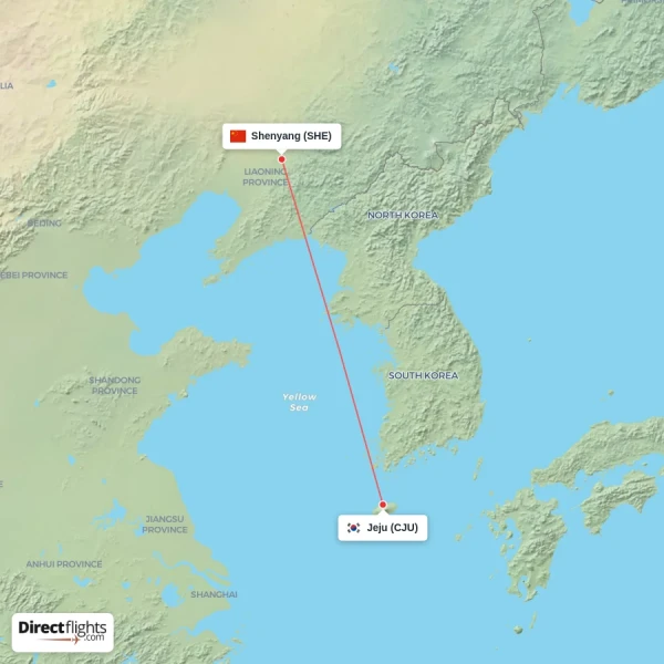 Jeju - Shenyang direct flight map