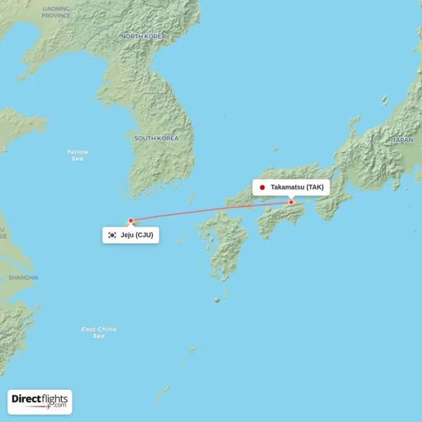 Jeju - Takamatsu direct flight map