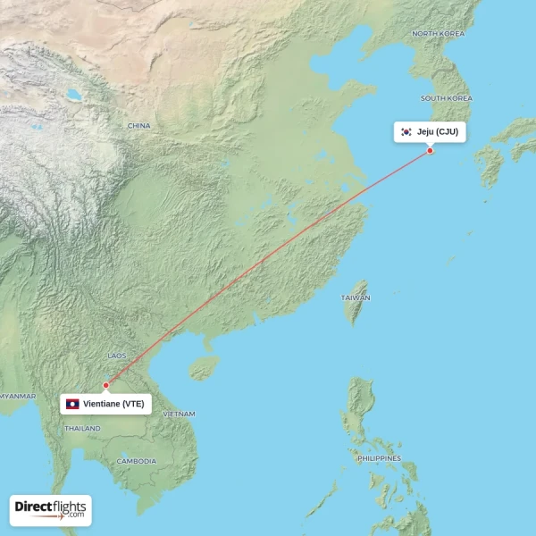 Jeju - Vientiane direct flight map