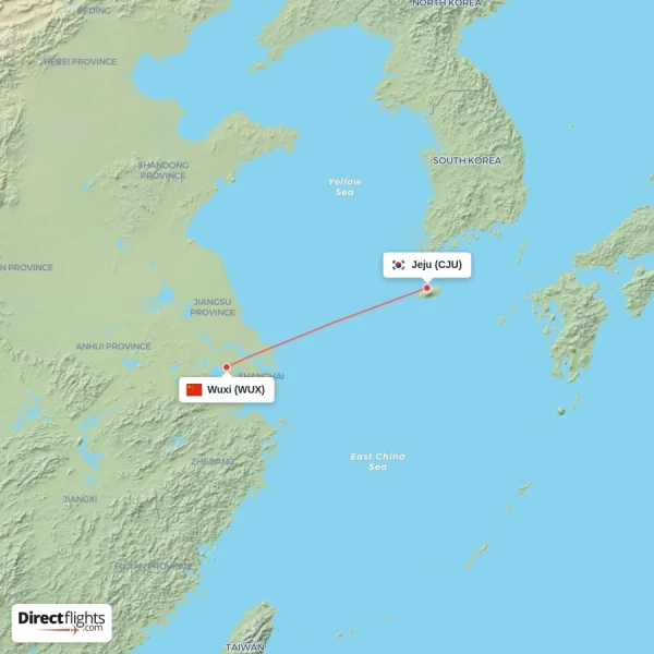 Jeju - Wuxi direct flight map