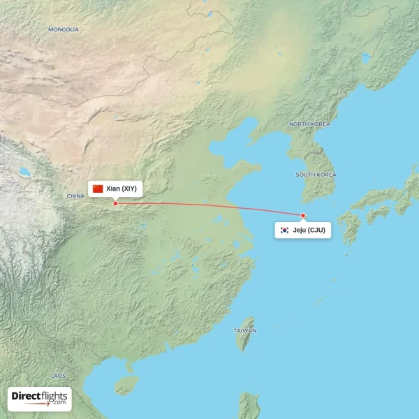 Jeju - Xian direct flight map