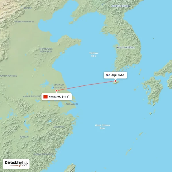 Jeju - Yangzhou direct flight map