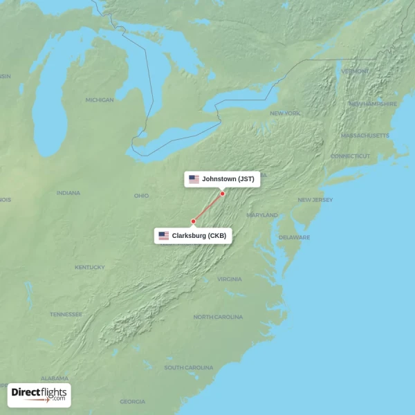 Clarksburg - Johnstown direct flight map