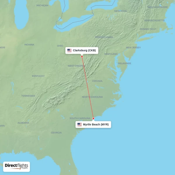 Clarksburg - Myrtle Beach direct flight map