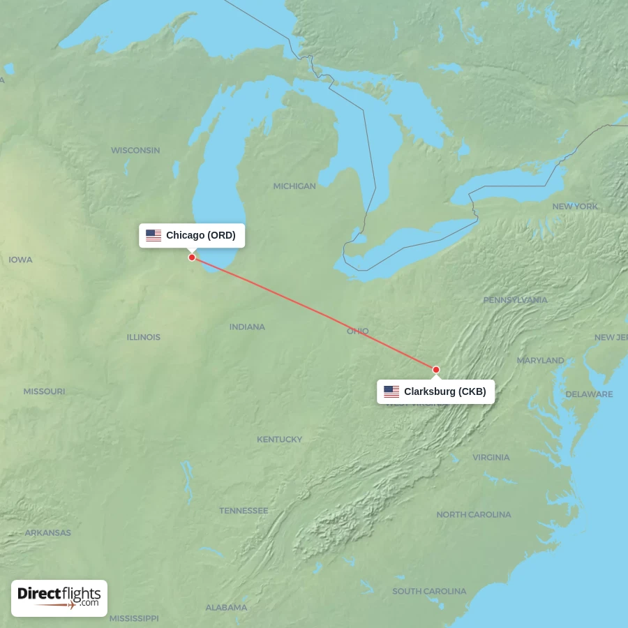 CKB - ORD route map