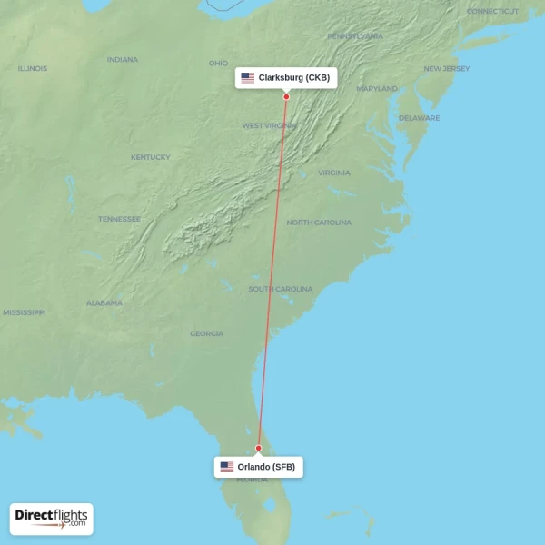 Clarksburg - Orlando direct flight map