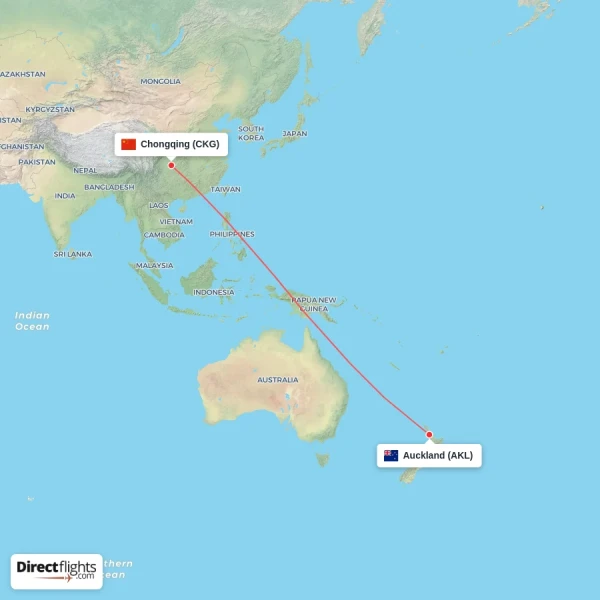 Chongqing - Auckland direct flight map
