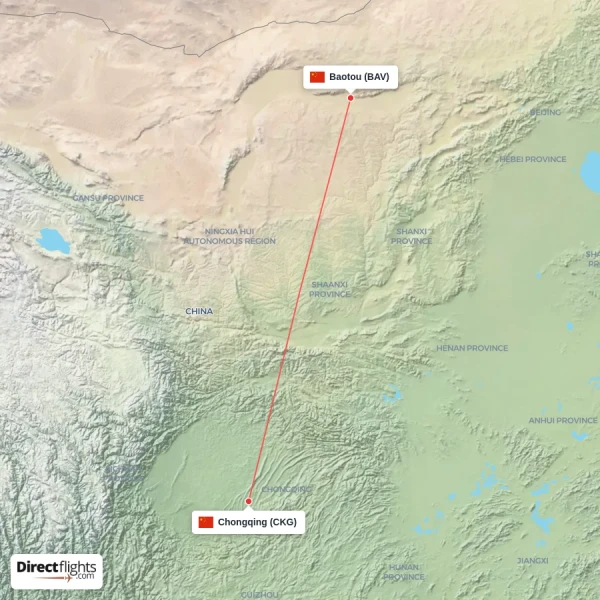 Chongqing - Baotou direct flight map