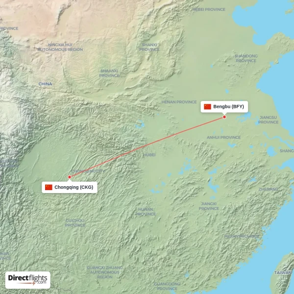 Chongqing - Bengbu direct flight map