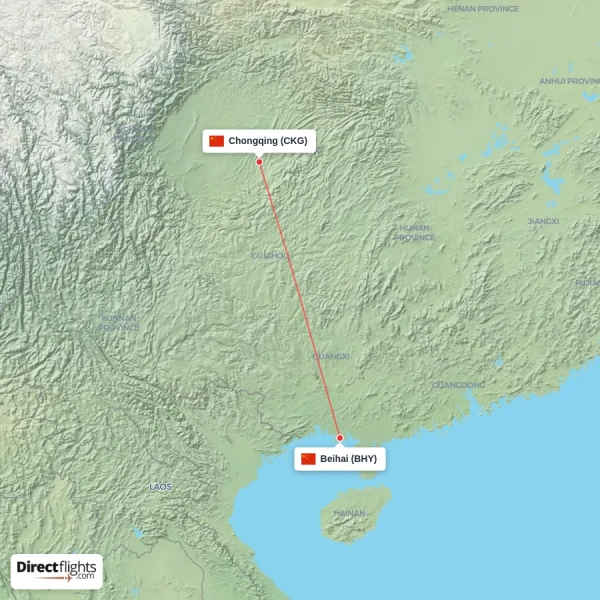 Chongqing - Beihai direct flight map