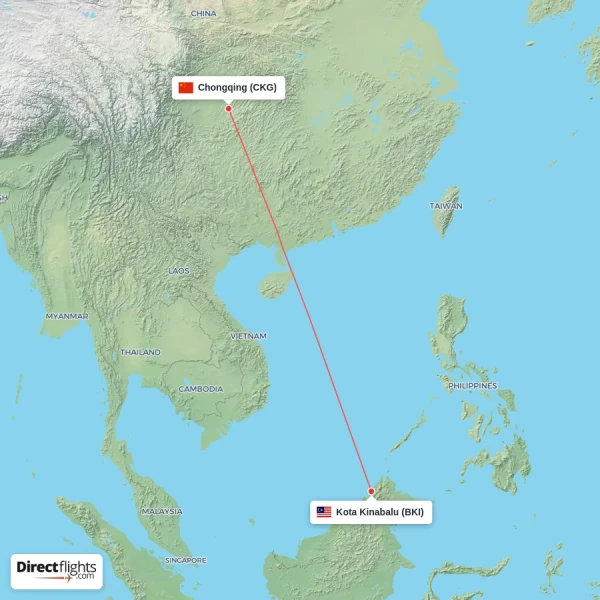 Chongqing - Kota Kinabalu direct flight map