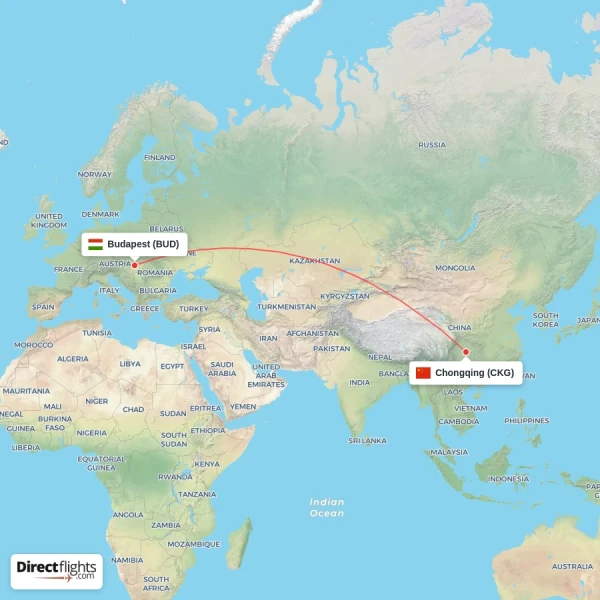Chongqing - Budapest direct flight map
