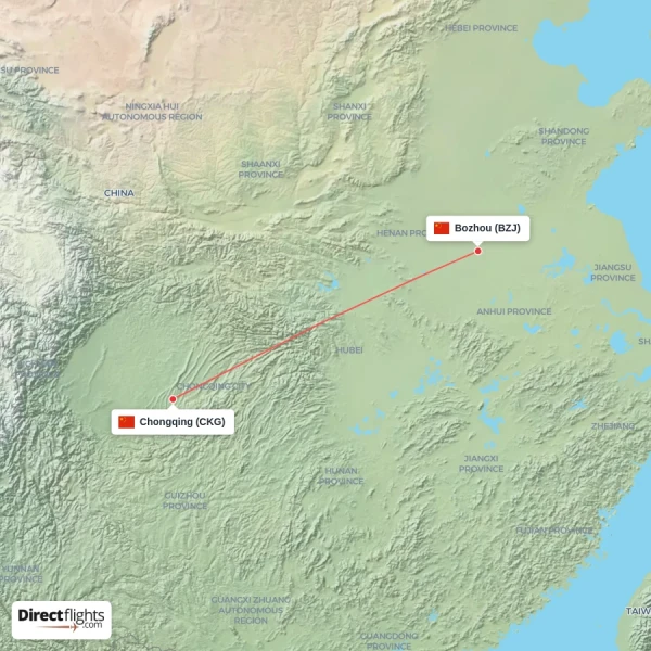 Chongqing - Bozhou direct flight map