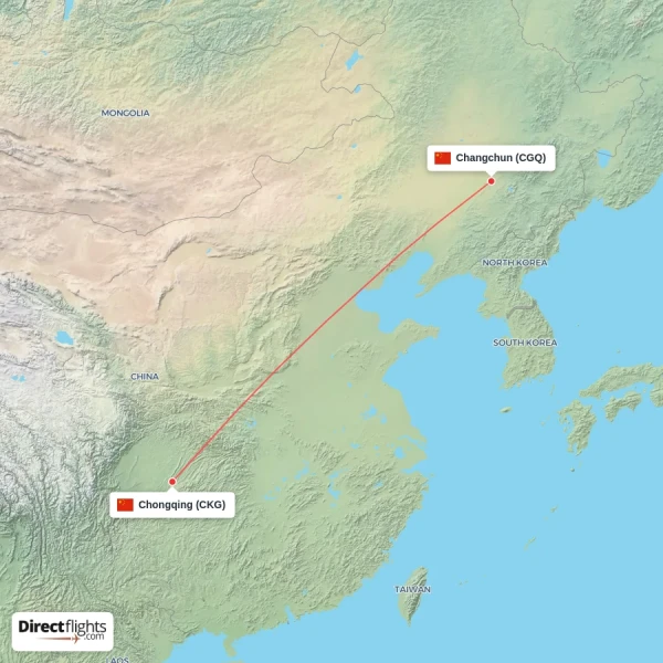 Chongqing - Changchun direct flight map