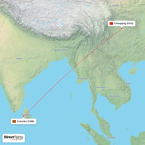 Chongqing - Colombo direct flight map
