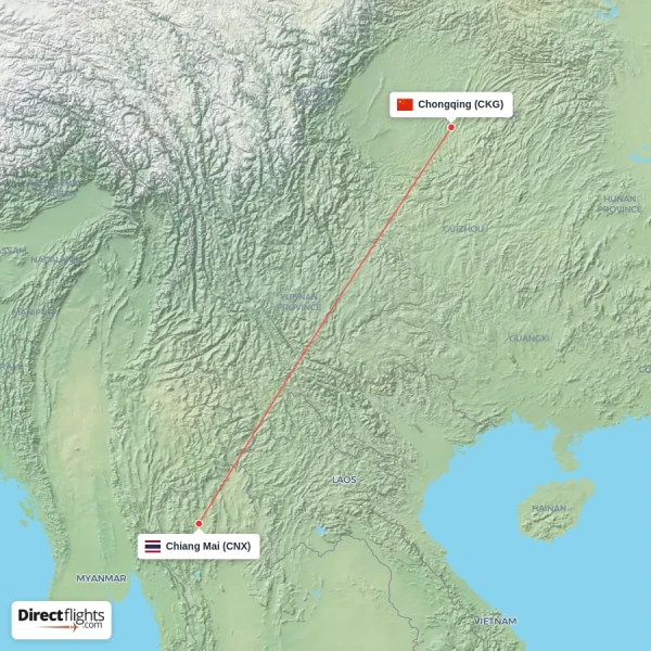 Chongqing - Chiang Mai direct flight map