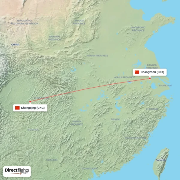 Chongqing - Changzhou direct flight map