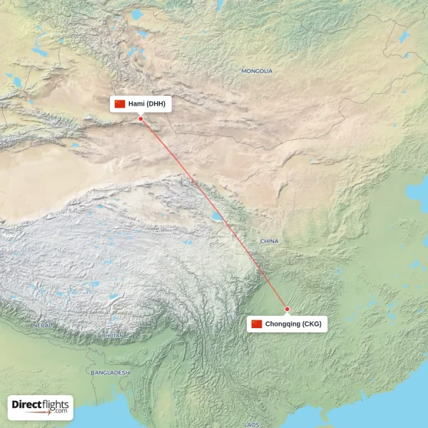 Chongqing - Hami direct flight map