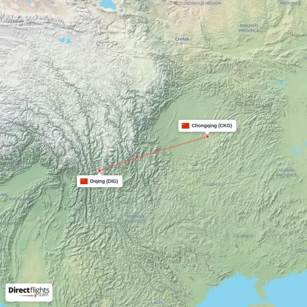 Chongqing - Diqing direct flight map