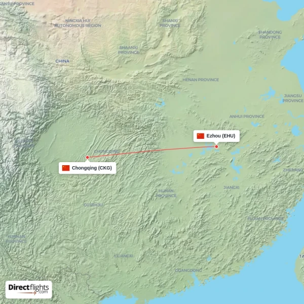 Chongqing - Ezhou direct flight map