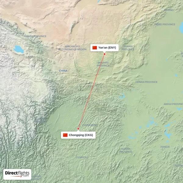 Chongqing - Yan'an direct flight map