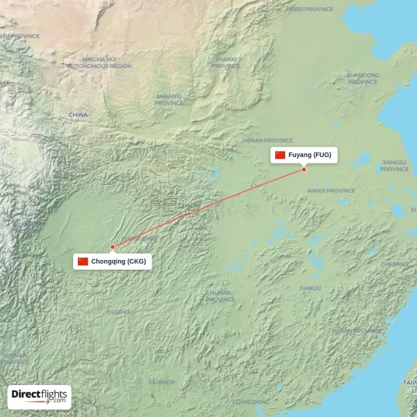 Chongqing - Fuyang direct flight map