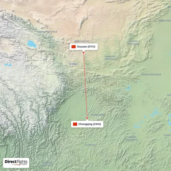 Chongqing - Guyuan direct flight map
