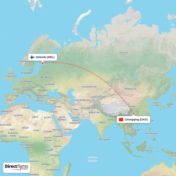 Chongqing - Helsinki direct flight map