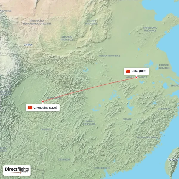 Chongqing - Hefei direct flight map