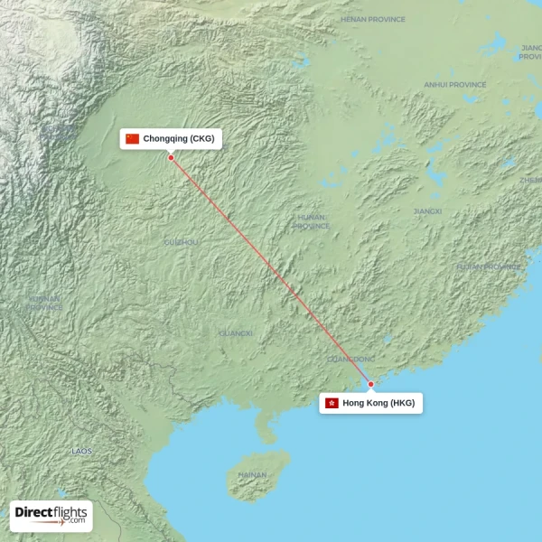 Chongqing - Hong Kong direct flight map
