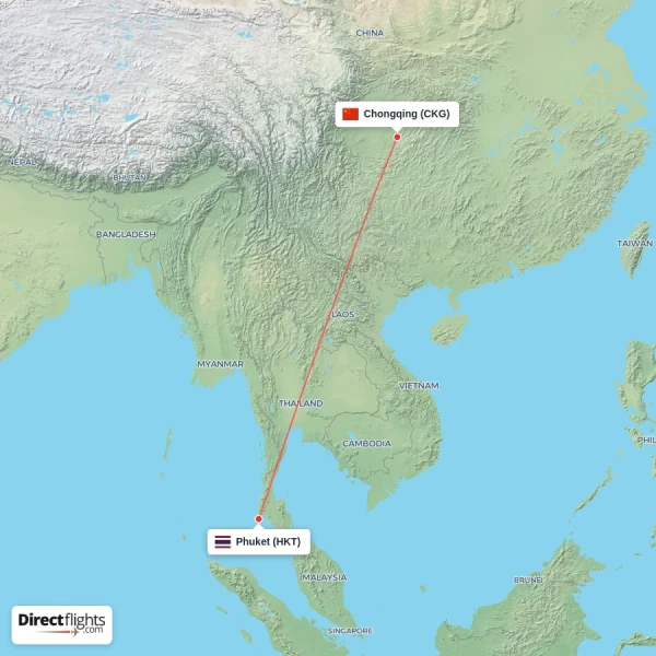 Chongqing - Phuket direct flight map