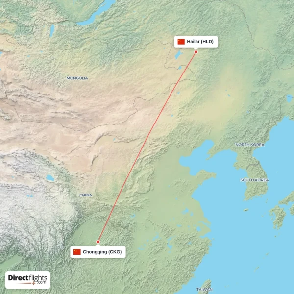 Chongqing - Hailar direct flight map