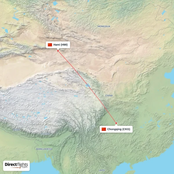 Chongqing - Hami direct flight map