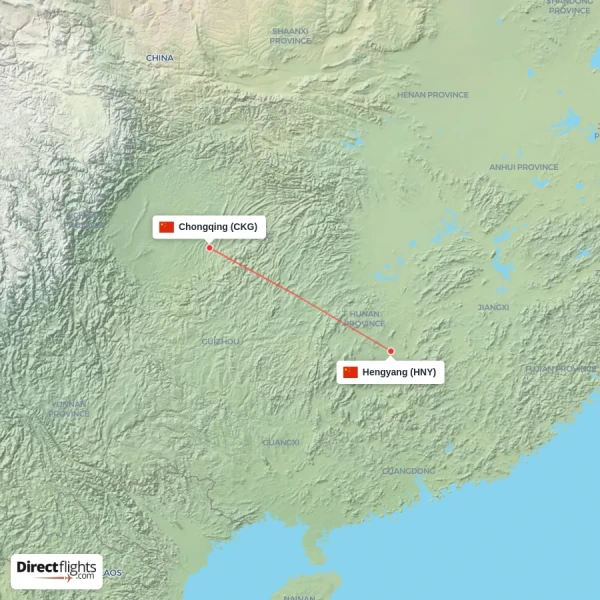 Chongqing - Hengyang direct flight map
