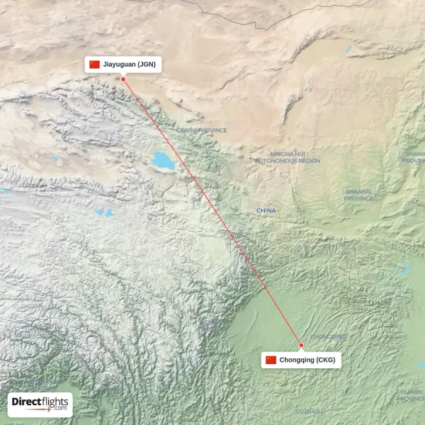 Chongqing - Jiayuguan direct flight map
