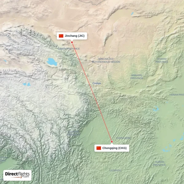 Chongqing - Jinchang direct flight map
