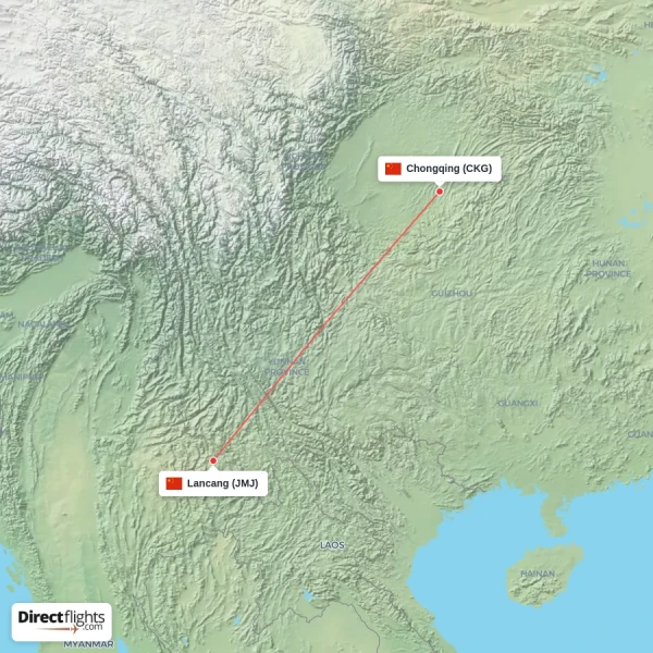 Chongqing - Lancang direct flight map