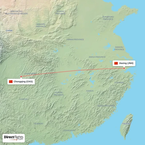 Chongqing - Jiaxing direct flight map