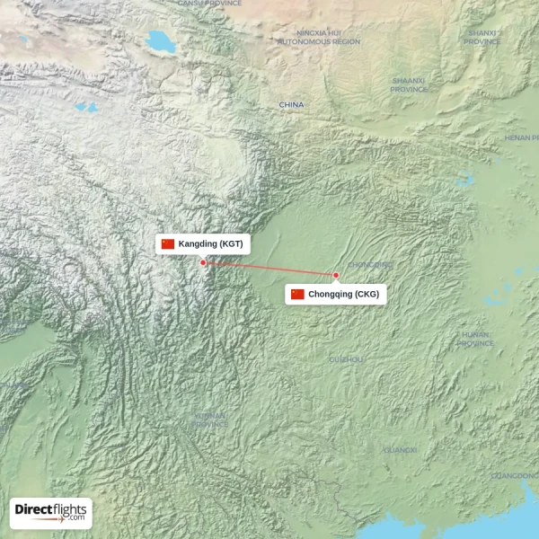 Chongqing - Kangding direct flight map