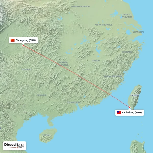 Chongqing - Kaohsiung direct flight map