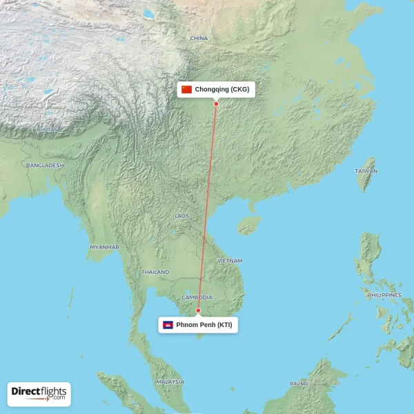 Chongqing - Phnom Penh direct flight map