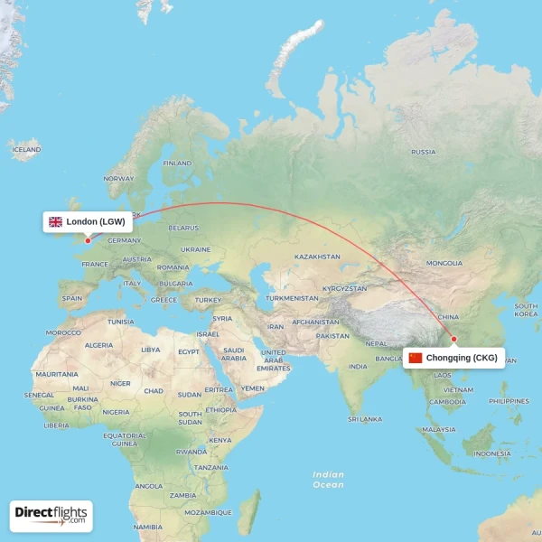 Chongqing - London direct flight map