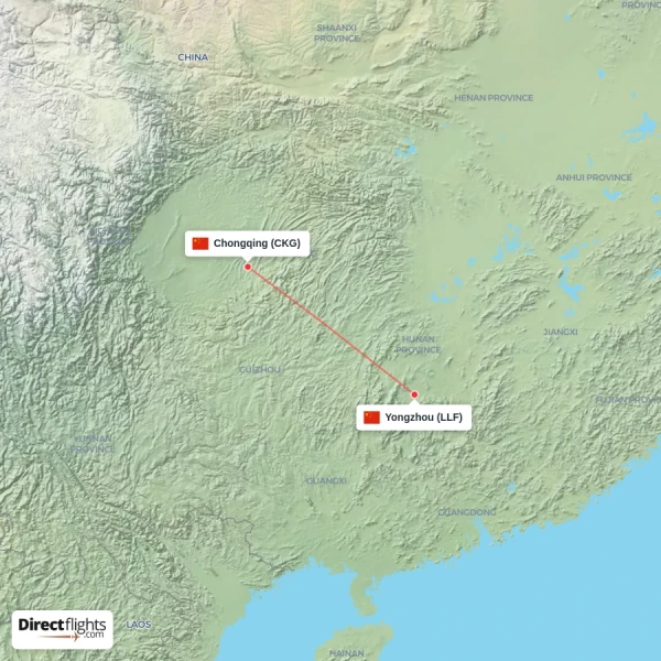 Chongqing - Yongzhou direct flight map