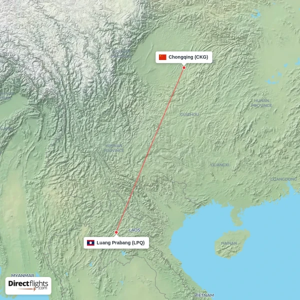Chongqing - Luang Prabang direct flight map
