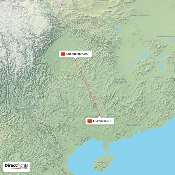 Chongqing - Liuzhou direct flight map
